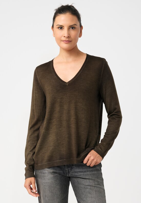 Avant Toi Cashmere & Vintage Silk One-of-a-Kind V-Neck Sweater in Moss Green Lillies