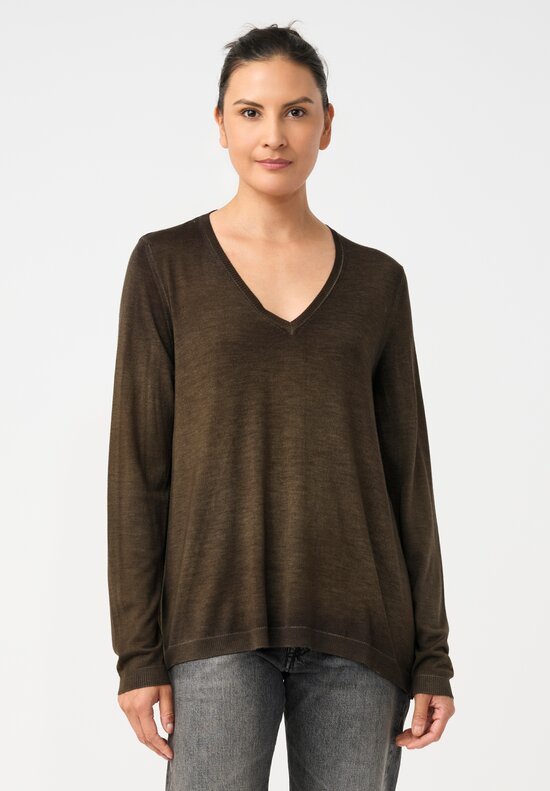 Avant Toi Cashmere & Vintage Silk One-of-a-Kind V-Neck Sweater in Moss Green Tassels