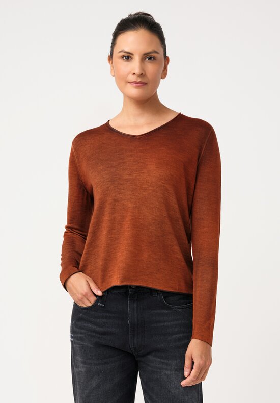 Avant Toi Hand-Painted Cashmere & Silk V-Neck Sweater in Nero & Mango Brown
