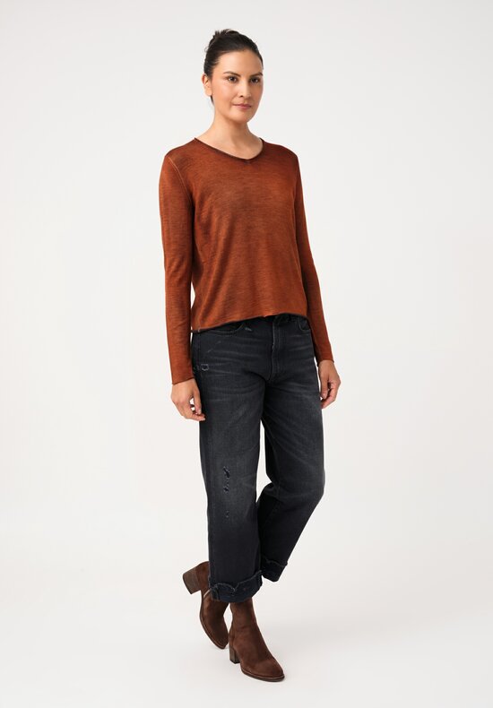 Avant Toi Hand-Painted Cashmere & Silk V-Neck Sweater in Nero & Mango Brown