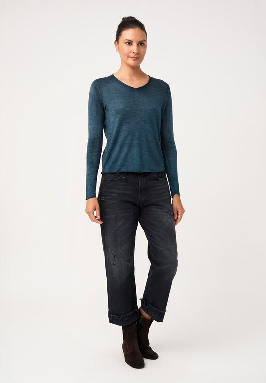 Avant Toi Hand-Painted Cashmere & Silk V-Neck Sweater in Nero & Laguna Blue