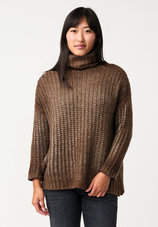 Avant Toi Cashmere & Silk Hand-Painted Pannocchia Turtleneck in Nero & Sughero Brown
