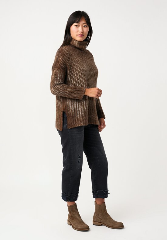 Avant Toi Cashmere & Silk Hand-Painted Pannocchia Turtleneck in Nero & Sughero Brown
