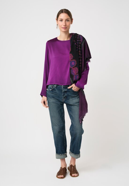 Avant Toi One-of-a-Kind Cashmere & Silk Quadrello Scarf in Nero & Floral Anemone Purple