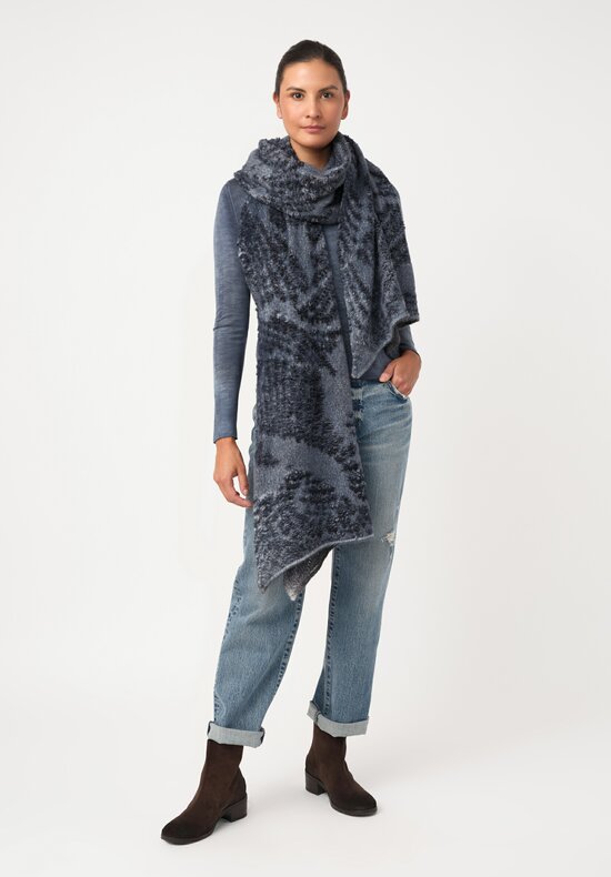 Avant Toi Hand-Painted Cashmere & Alpaca Jacquard Scarf Nero & Slate Blue