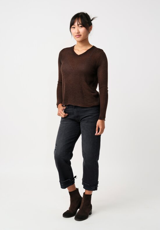 Avant Toi Cashmere V-Neck Garza Sweater in Nero & Brownie Brown