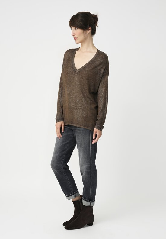Avant Toi Cashmere & Silk V-Neck Barchetta Sweater in Stardust Nero & Sughero Brown