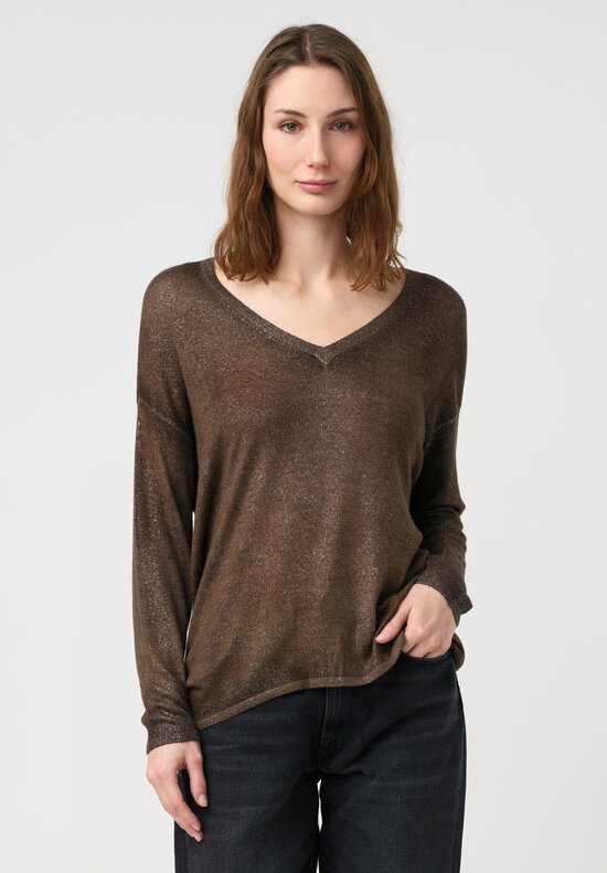 Avant Toi Cashmere & Silk V-Neck Maglia Sweater in Stardust Nero & Sughero Brown