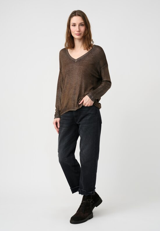 Avant Toi Cashmere & Silk V-Neck Maglia Sweater in Stardust Nero & Sughero Brown