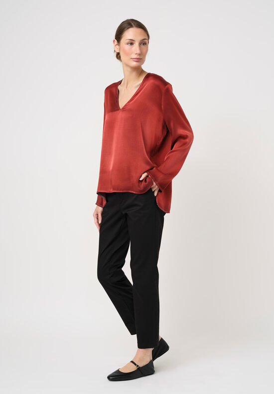 Avant Toi Hand-Painted Silk V-Neck Top in Nero & Fuoco Red