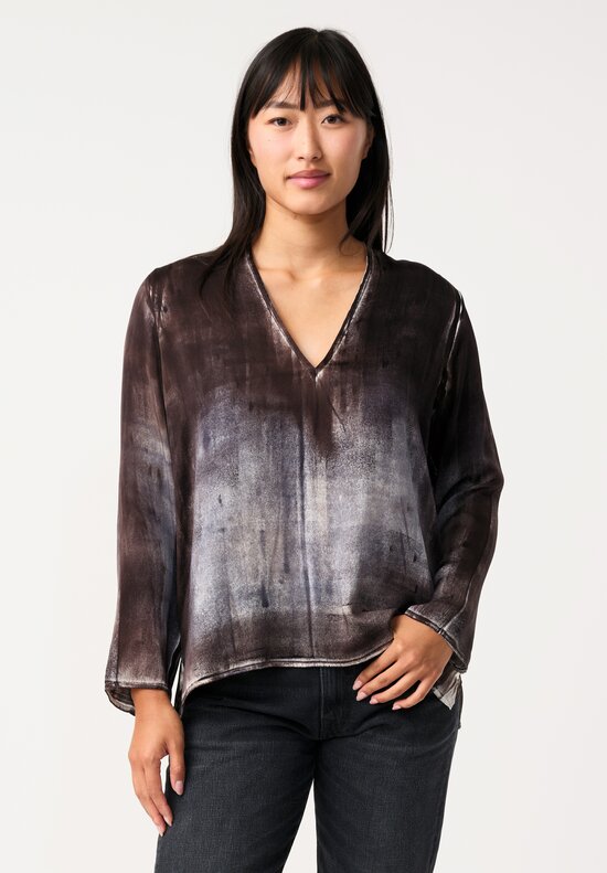 Avant Toi Silk Hand-Painted V-Neck Barchetta Top in Carruba Grey Murales