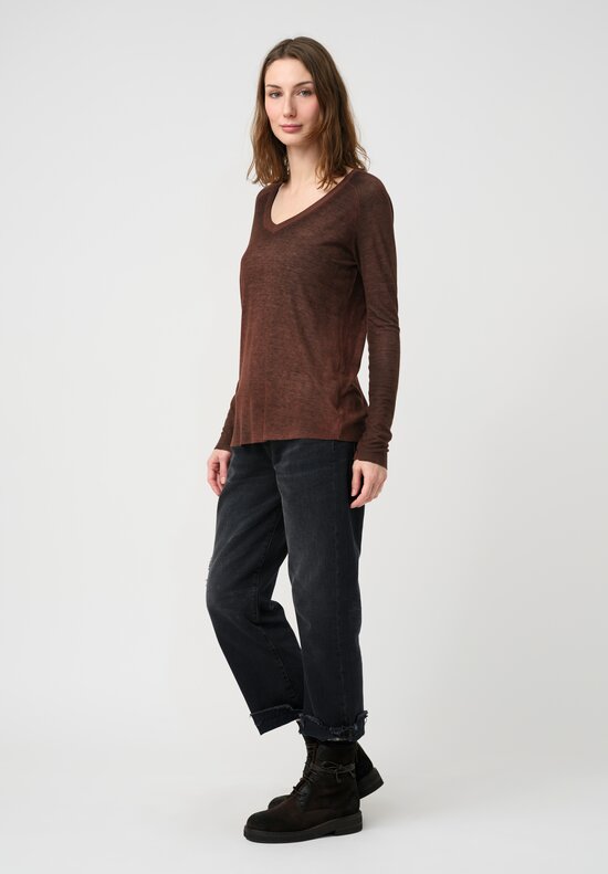 Avant Toi Ribbed V-Neck Costina Top in Nero & Brownie Brown