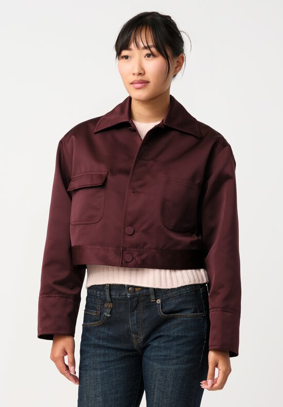 Plan C Duchesse Satin Button-Down Cropped Jacket in Burgundy Red