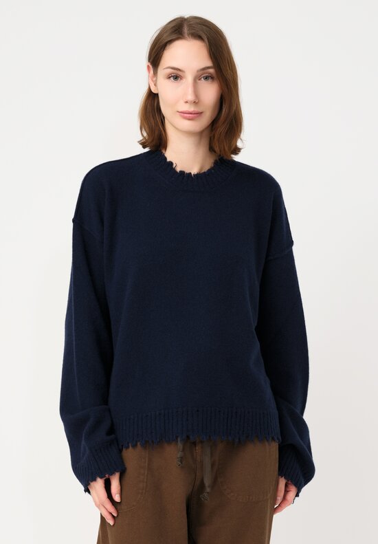 Uma Wang Cashmere Distressed Knit Crew Neck Sweater in Deep Marine Blue