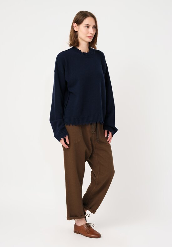 Uma Wang Cashmere Distressed Knit Crew Neck Sweater in Deep Marine Blue