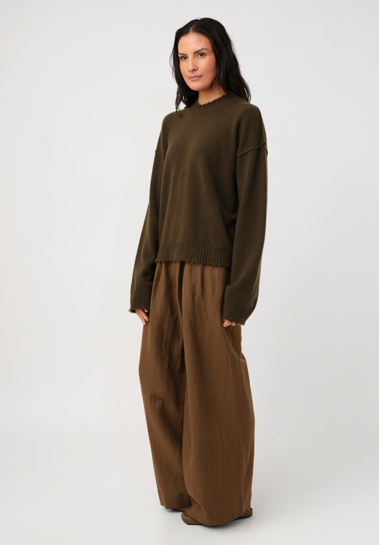 Uma Wang Cashmere Distressed Knit Crew Neck Sweater in Olive Green