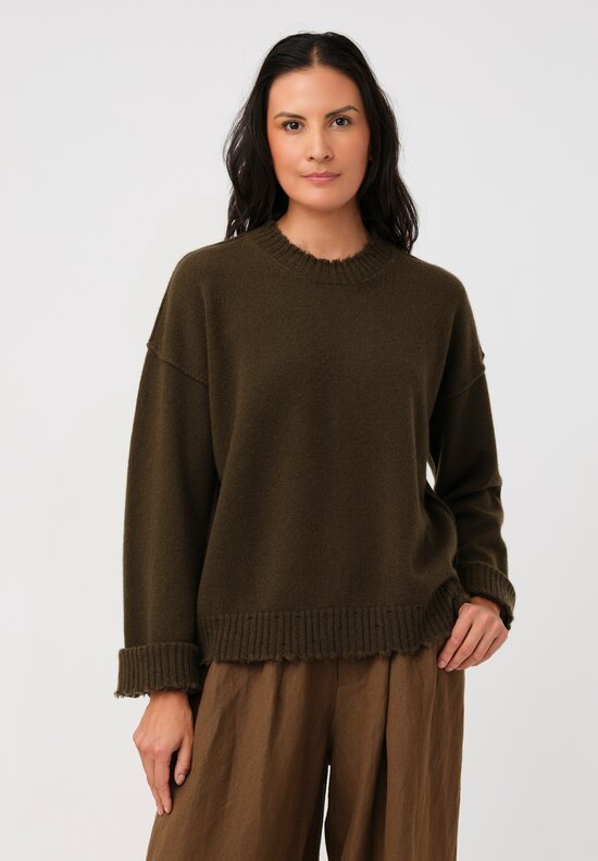 Uma Wang Cashmere Distressed Knit Crew Neck Sweater in Olive Green