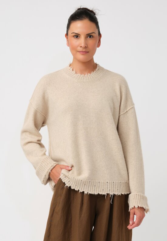 Uma Wang Cashmere Distressed Knit Crew Neck Sweater in Natural Vanilla Cream