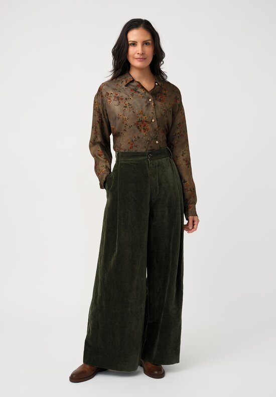 Uma Wang Cotton & Linen Velvet Pleated Pudding Pants in Basil Green