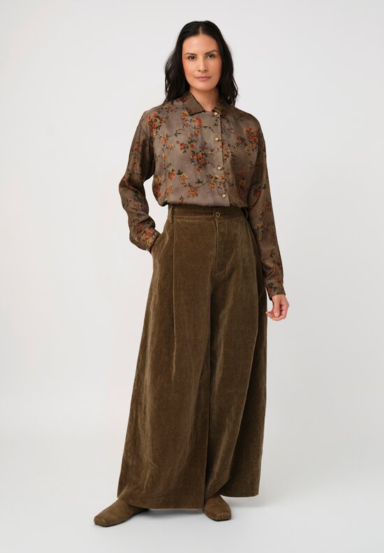 Uma Wang Cotton & Linen Velvet Pleated Pudding Pants in Martini Olive Green