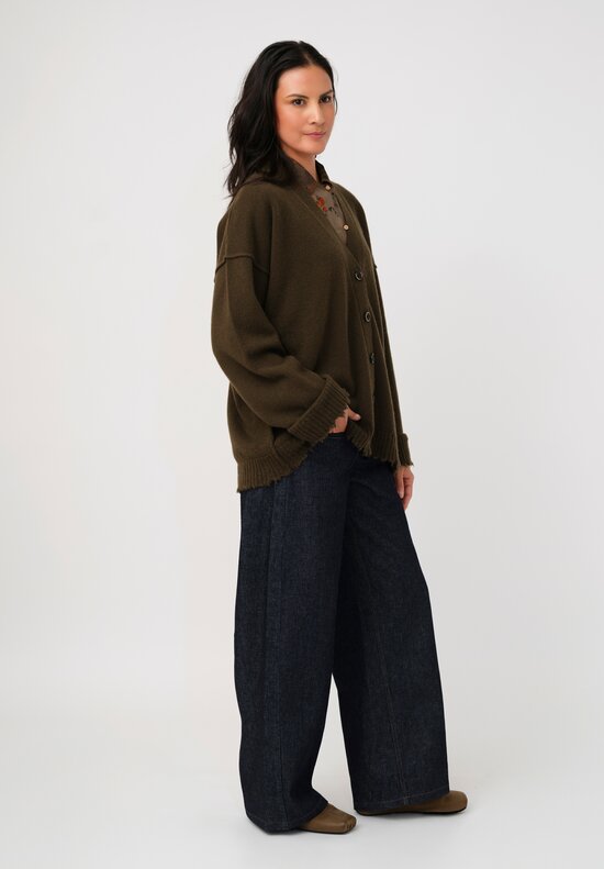 Uma Wang Cashmere Distressed Knit Button-Down Cardigan in Army Green