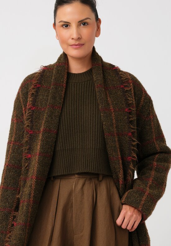 Uma Wang Fringed Chidi Wrap Coat in Olive & Red Plaid