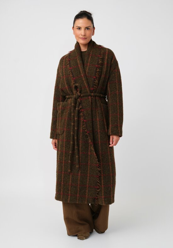 Uma Wang Fringed Chidi Wrap Coat in Olive & Red Plaid