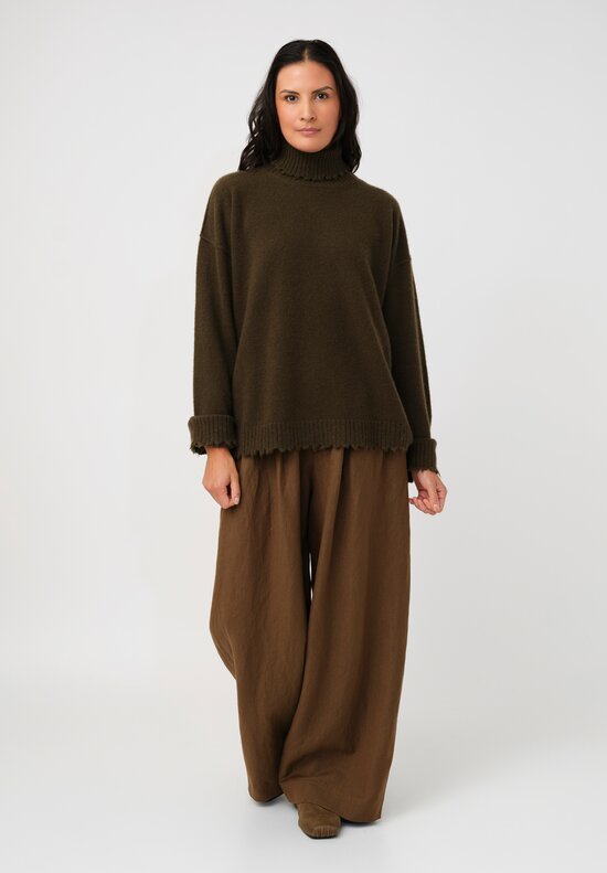 Uma Wang Cashmere Distressed Knit Turtleneck Sweater in Olive Green