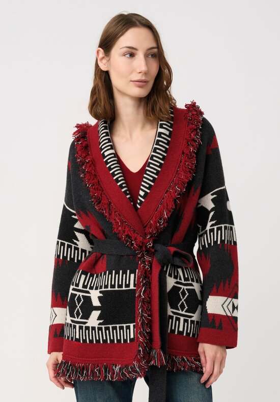 Alanui Cashmere Double Jacquard Knit Icon Cardigan in Red & Black Geometry	