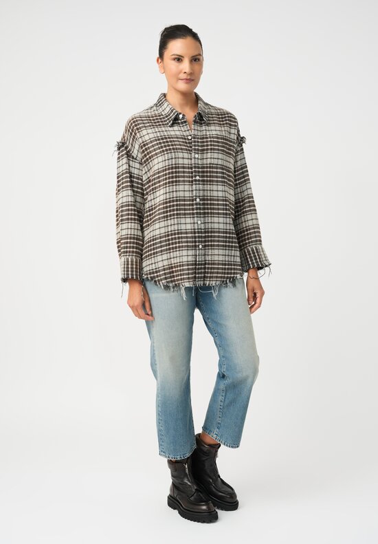 R13 Cotton Flannel Plaid Shredded Hem Button Down Shirt