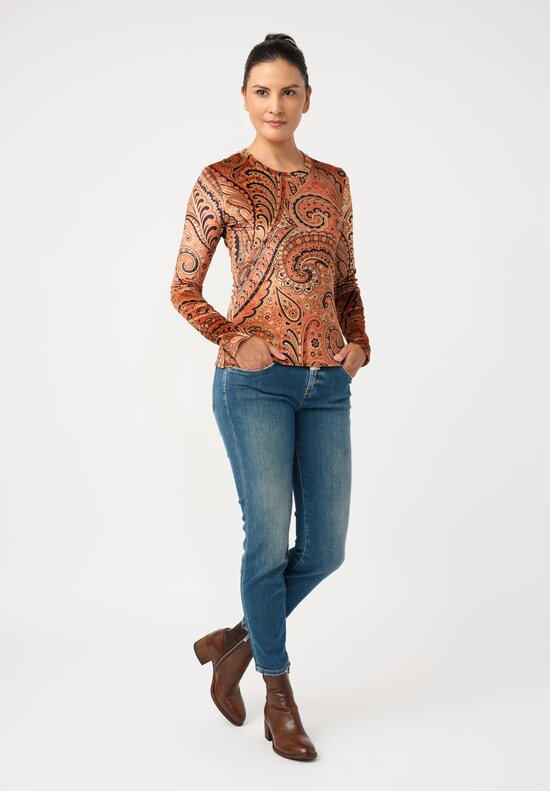 Etro Velvet Pullover Top in Orange & Black Paisley