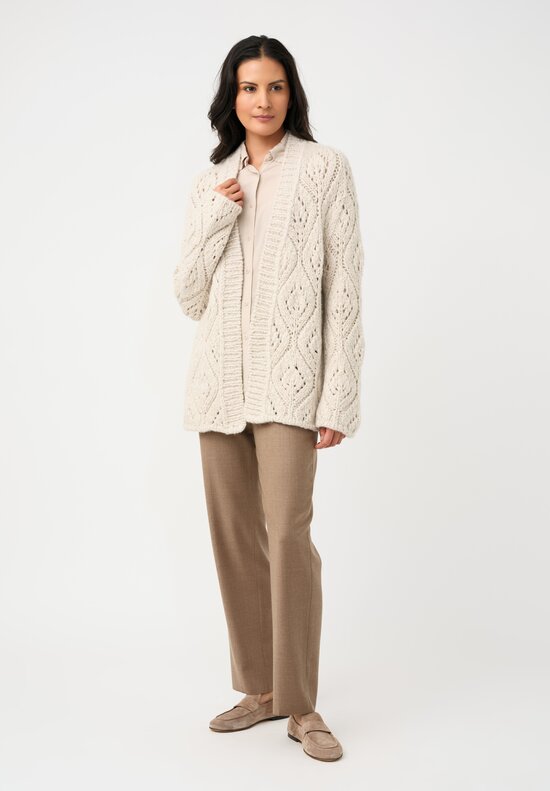Wommelsdorff Cashmere & Silk Hand-Knit Dolce Belted Cardigan in Ivory White