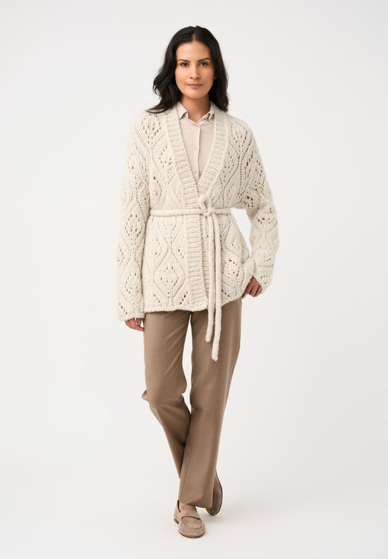 Wommelsdorff Cashmere & Silk Hand-Knit Dolce Belted Cardigan in Ivory White