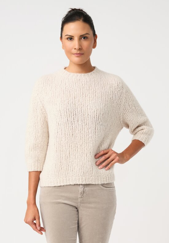 Wommelsdorff Cashmere & Silk Hand-Knit Momo Crew Neck Sweater in Ivory White