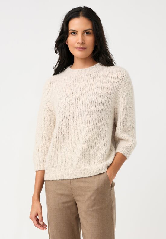 Wommelsdorff Cashmere & Silk Hand-Knit Momo Crew Neck Sweater in Ivory White