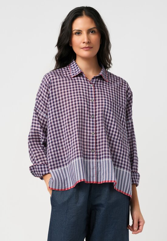Péro Cotton & Silk 2-Piece Button-Down Top in Navy Blue & Red Plaid