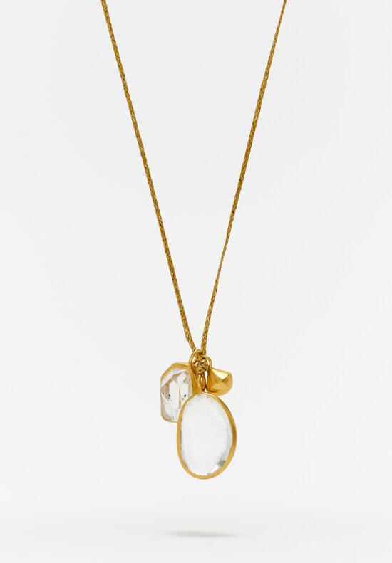 Pippa Small 18K Gold Braided Cord Chain Knot Closure Necklace with 25.6 Carat Faceted Herkimer Diamond & Rock Crystal Quartz Open Back Bezel Set Gemstone Pendants Front Shot View