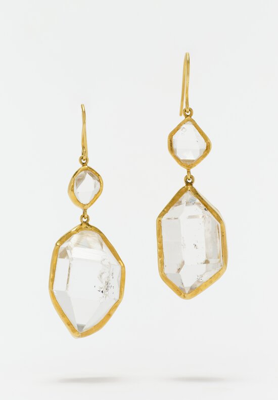 Pippa Small 18K Gold Double Drop French Hook Closure Earrings from Metamorphic Collection with Bezel Set 47.21 Carat Herkimer Diamond Gemstones Front Shot View
