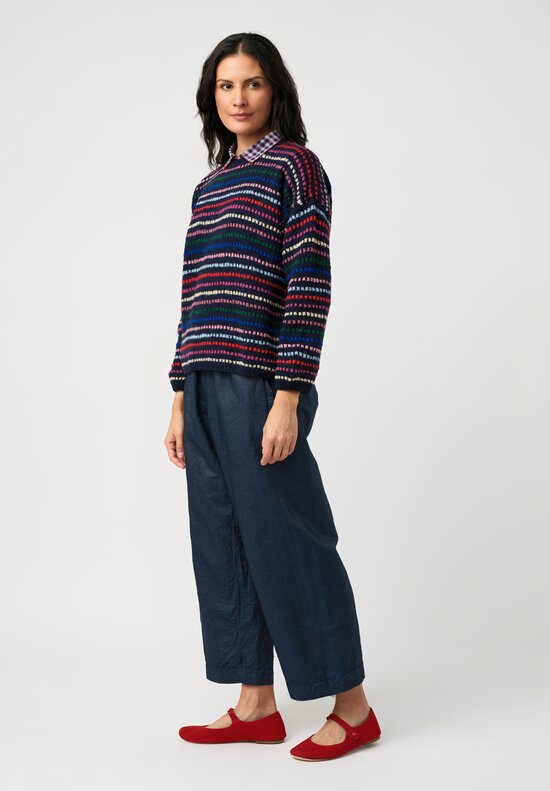 Péro Hand-Knit Confetti Striped Pullover Sweater in Navy Blue