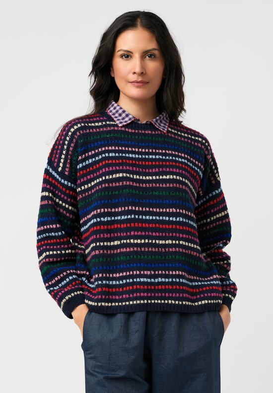 Péro Hand-Knit Confetti Striped Pullover Sweater in Navy Blue