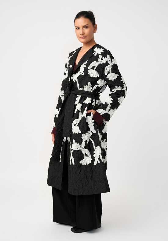 Erdem Cloque Jacquard Hand-Embroidered Floral Belted Coat