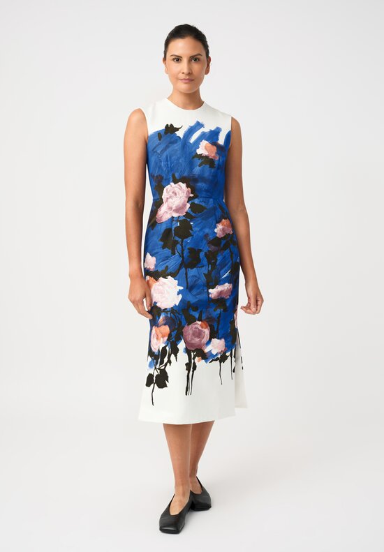 Erdem Cotton Faille Painted Roses Pencil Midi Dress
