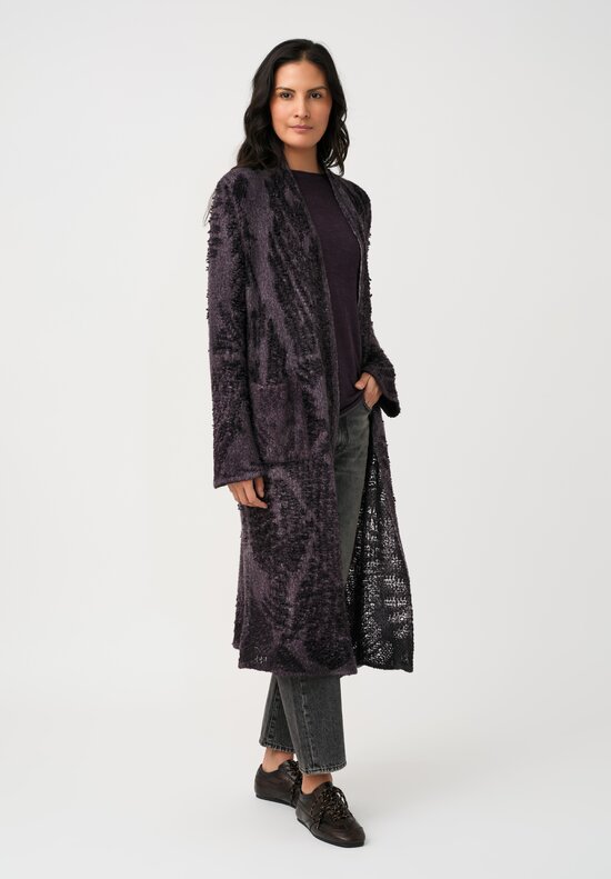 Avant Toi Cashmere & Alpaca Hand-Painted Macchie Open-Front Long Cardigan in Mosto Purple