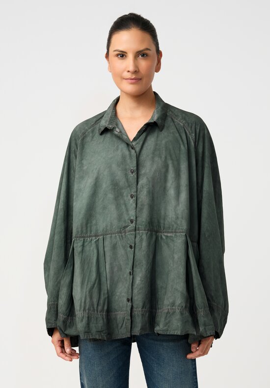 Rundholz DIP Cotton Poplin Pleated Peplum Shirt in Pine Green
