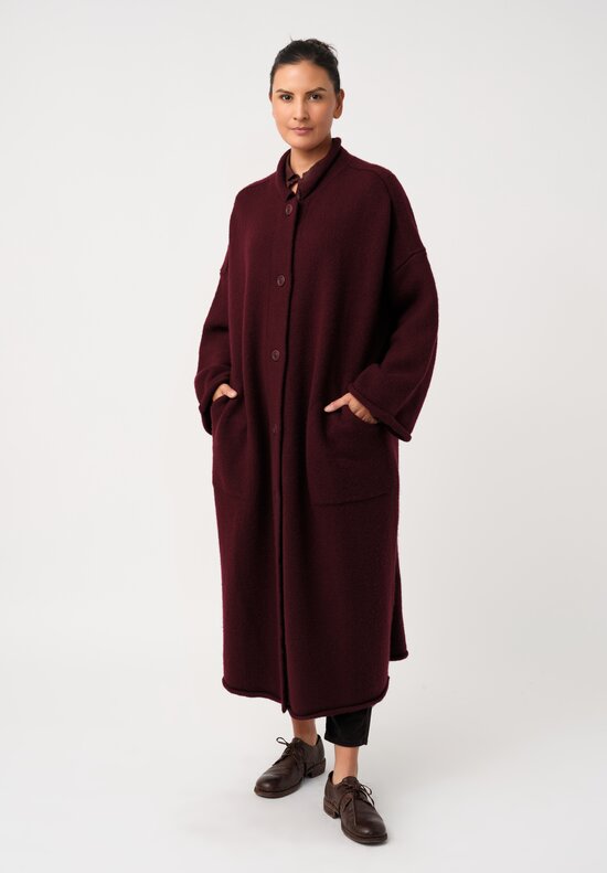 Casey Casey Soft Fleece Knit Long Button-Down Coat in Wine Red