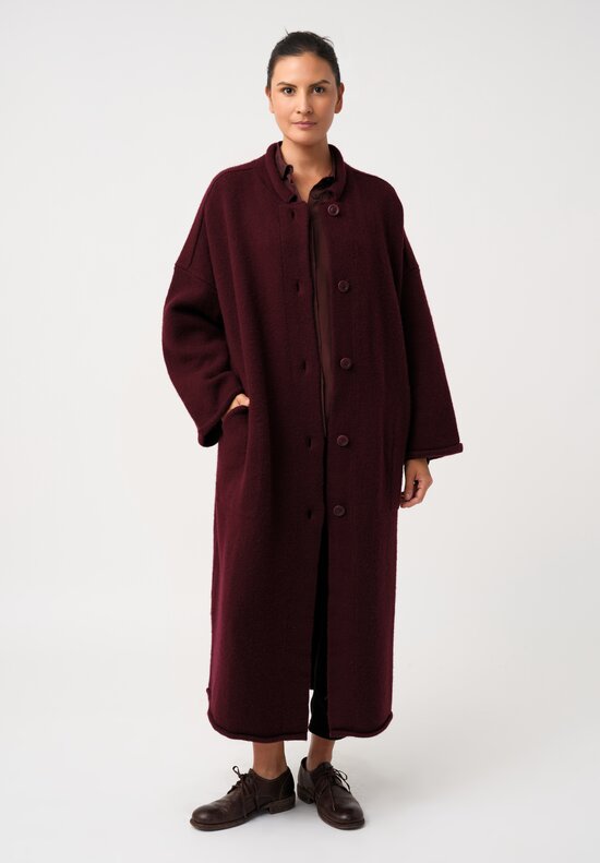 Casey Casey Soft Fleece Knit Long Button-Down Coat in Wine Red