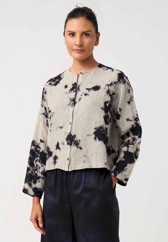 Suzusan Linen Hand-Dyed Madara Shibori Cropped Button Down Shirt in Taupe Grey & Ink Black	
