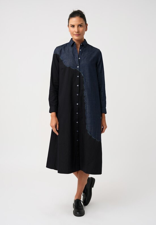 Suzusan Cotton Denim Boushi Somewake Shibori Boa Shirt Dress in Indigo Blue & Black	