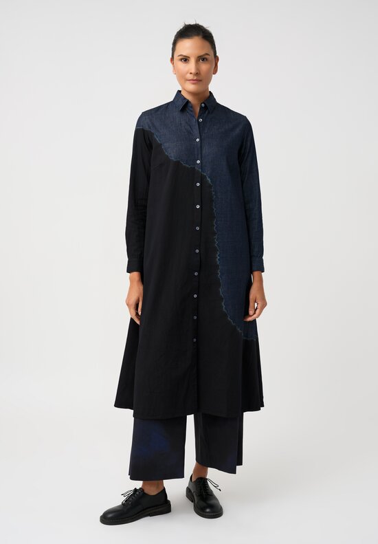 Suzusan Cotton Denim Boushi Somewake Shibori Boa Shirt Dress in Indigo Blue & Black	
