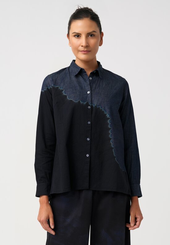Suzusan Pima Cotton Denim Boushi Somewake Shibori Boa Shirt in Indigo Blue & Black